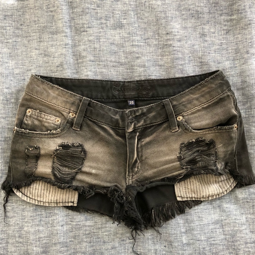 Black distressed denim Carman mini shorts